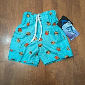 Kanu Surf Toddler Swim Trunks 2T Aqua Burger & Fries Print UPF 50+ NWT